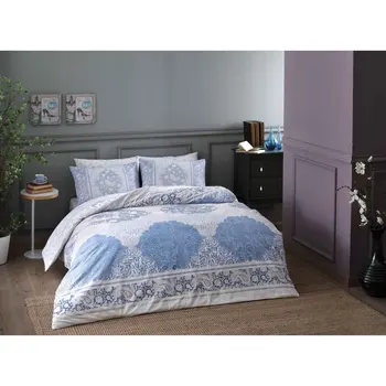 

Tac Textile Ranforce Aryan Soft Feel Hypoallergenic % 100 Cotton 4 Pieces Double Duvet Cover Set with Flat Sheet blue