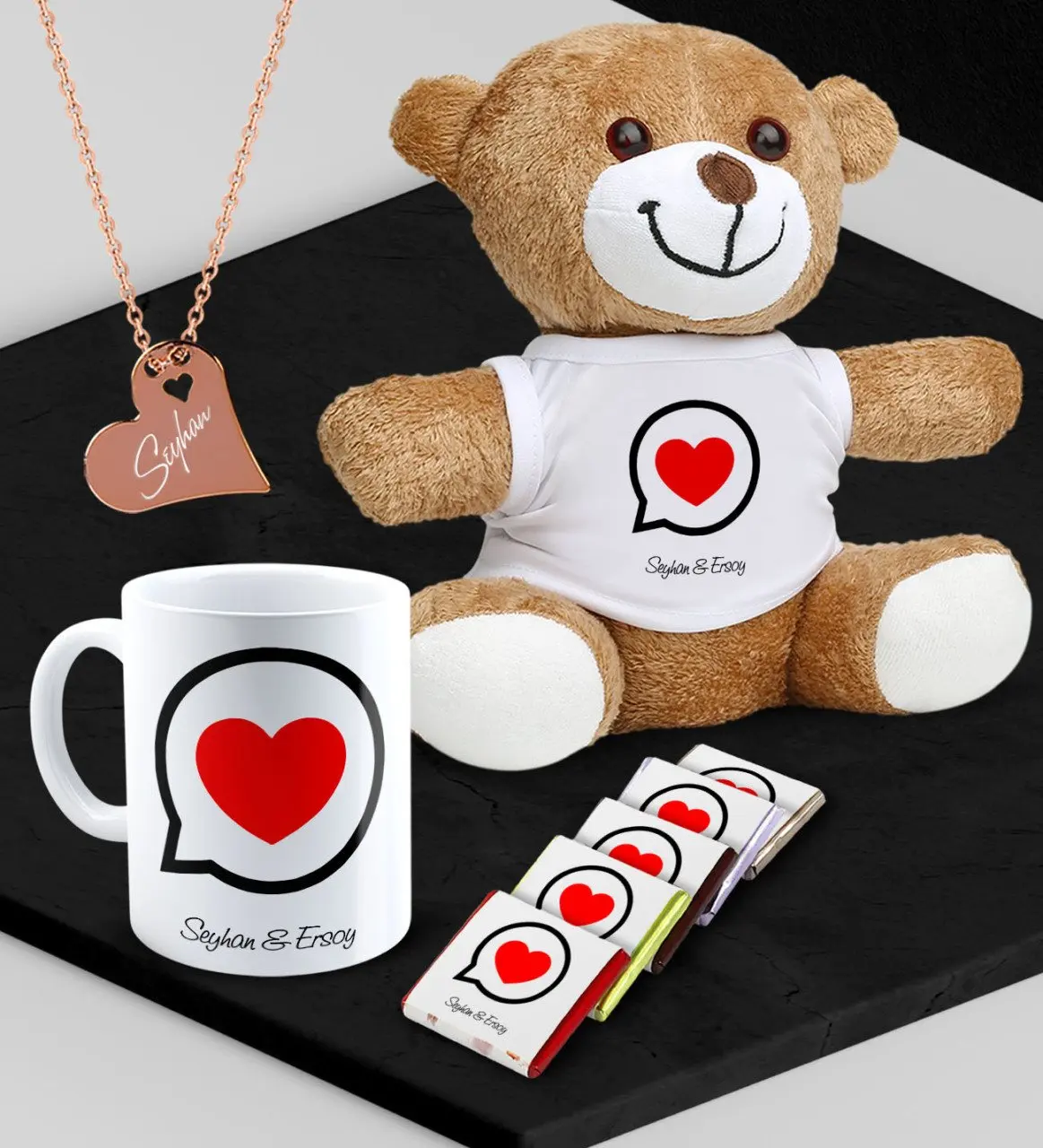 

Personalized Lovers Plush Bear Mug If You Would Chocolate and Rose Heart Necklace Set-80