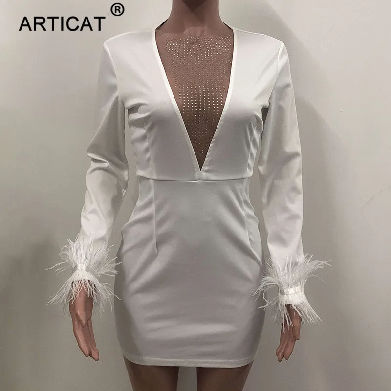 Articat Sexy Deep V Neck Mesh Bodycon Dress Women Long Sleeve Bodycon Sequin Christmas Dress Fashion Winter Party Dress Vestidos