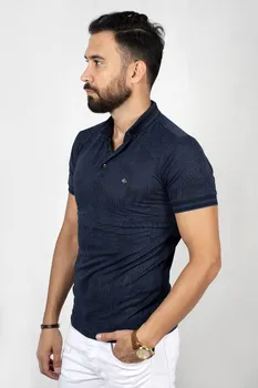 

DeepSEA Male Navy Blue Polo Collar T-Shirt 100 Cotton Slim Fit Lycra Short Sleeve Crop Pattern Casual Party Spring Summer 2000127