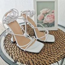 Aneikeh de verano zapatos de mujer Sandalias, de la Pu de moda Cruz-atado tacones de encaje fiesta bombas tamaño 35- 42 albaricoque blanco negro