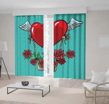 

Curtain Heart with Wings Flying Roses Basket Romantic Fun Pop Art Printed Decorative Red Green Blue