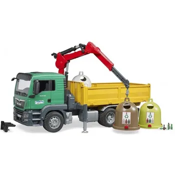 

Bruder-MAN TGS trucks with loading crane and antique glass container, Multicolor (03753) , color/model assortment