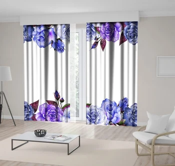 

Curtain Roses Flower Buds Floral Frame Classic Watercolor Style Artwork Printed Purple Blue Burgundy
