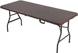 Mesa dobrável de múltiplos propósitos, mesa de jardim de imitação de rattan, mesa dobrável retangular com estrutura de aço e alça, suporta até 150 kg, marrom, portátil, ca 180*76*74cm