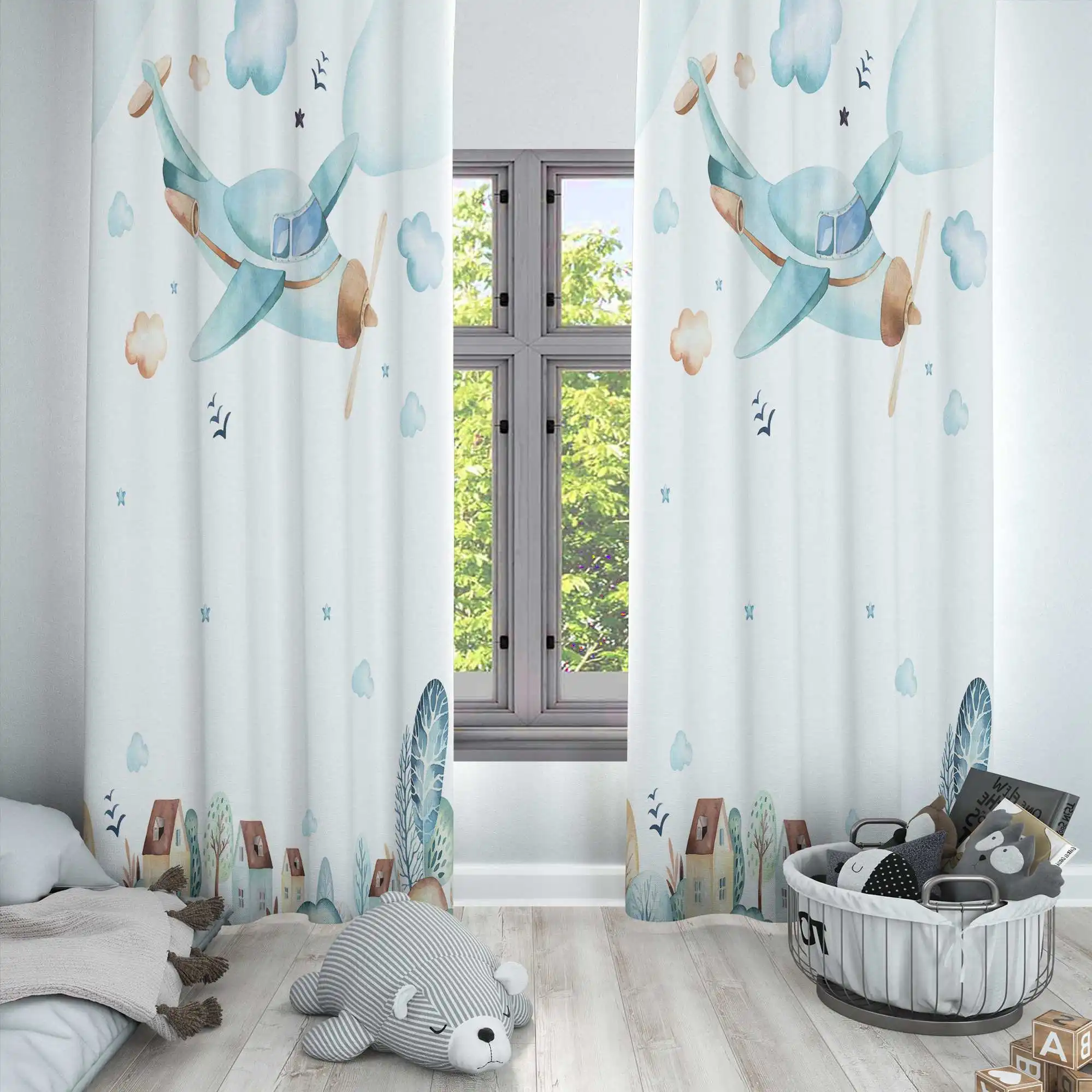 Altro Blue Air Plane Clouds City Town 3D Print Kids Baby Children Window Panel Set Tenda Combina Federa Regalo