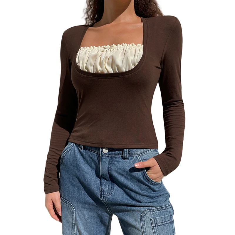 Korean Cute Y2K Retro Cotton Tops Lace Patchwork Buttons Kawaii Tshirts Autumn Square Collar Chic Casual Shirts