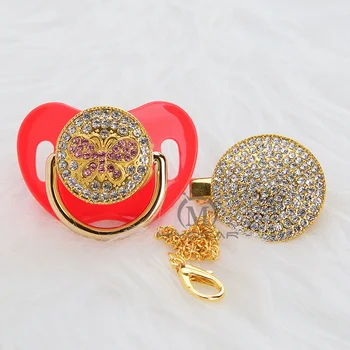 

MIYOCAR gold Rhinestone pink bling butterfly Bling pacifier and pacifier clip set pacifier chain holder BPA fress safe APBF