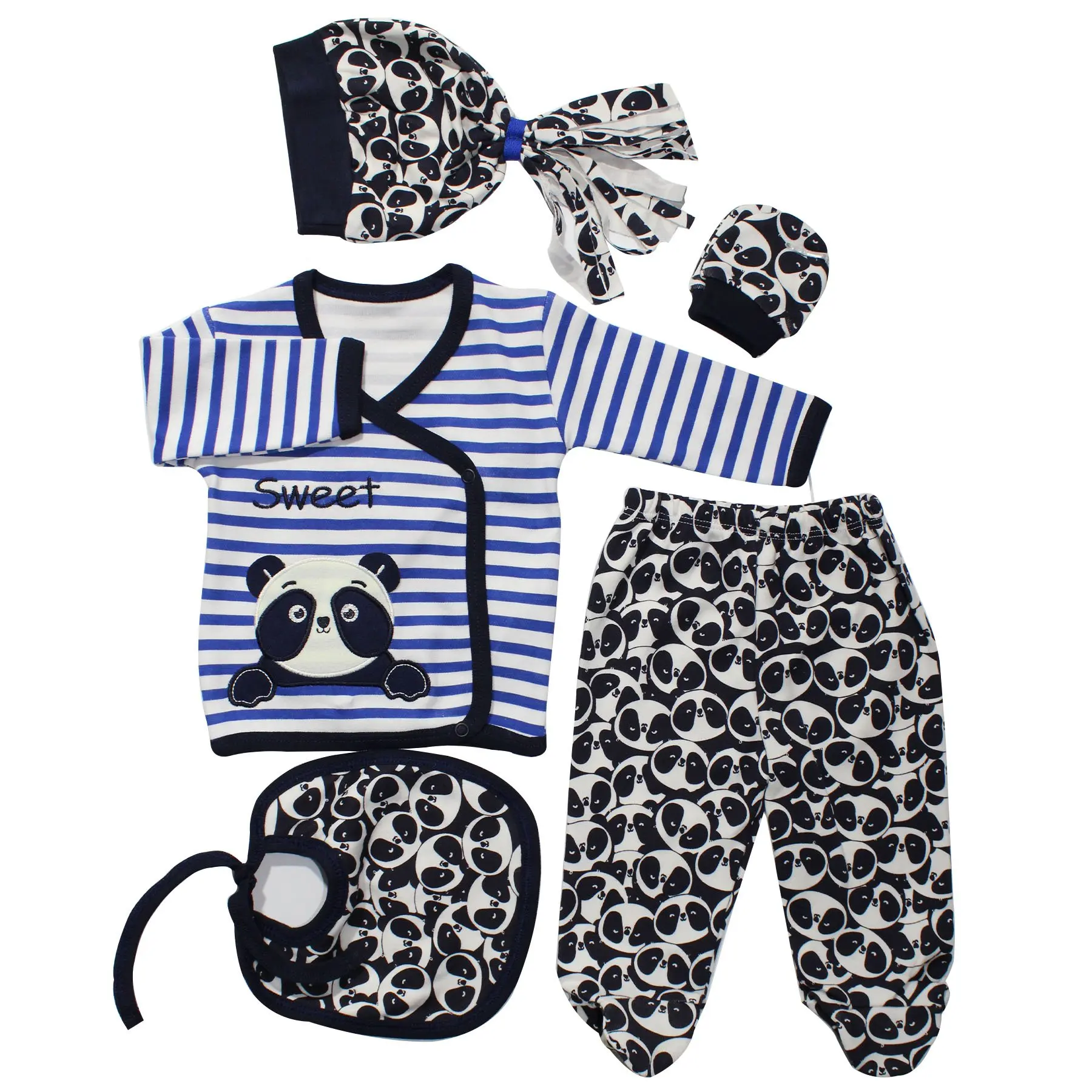 

Sweet Panda Embroidered Blue Striped 5'li Piece Hospital Output Set