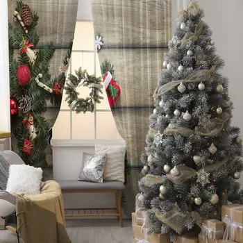 

Pine Tree Branches Cones Socks Baubles Candy Canes Bells on Wooden Table Photo Red Beige Green Curtain