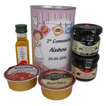 

6 pcs/personalized tin with oil Oliva extra virgin, jam, cheese cake and prosciutto ham's cream