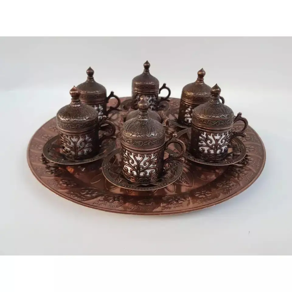 2- Copper Ottoman Turkish Arabic Tea Coffee Espresso Cups Mug Set - 6 pcs Cups Sauces with Tray, Sugar Bowl Made in Turkey Gift Box