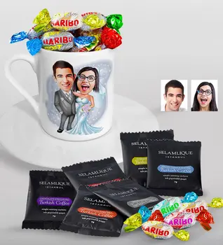 

Personalized Maried Caricature Of Turkish Coffee Cup Selamlique Mixed Turkish Coffee house And Haribo Candy Gift Seti-5