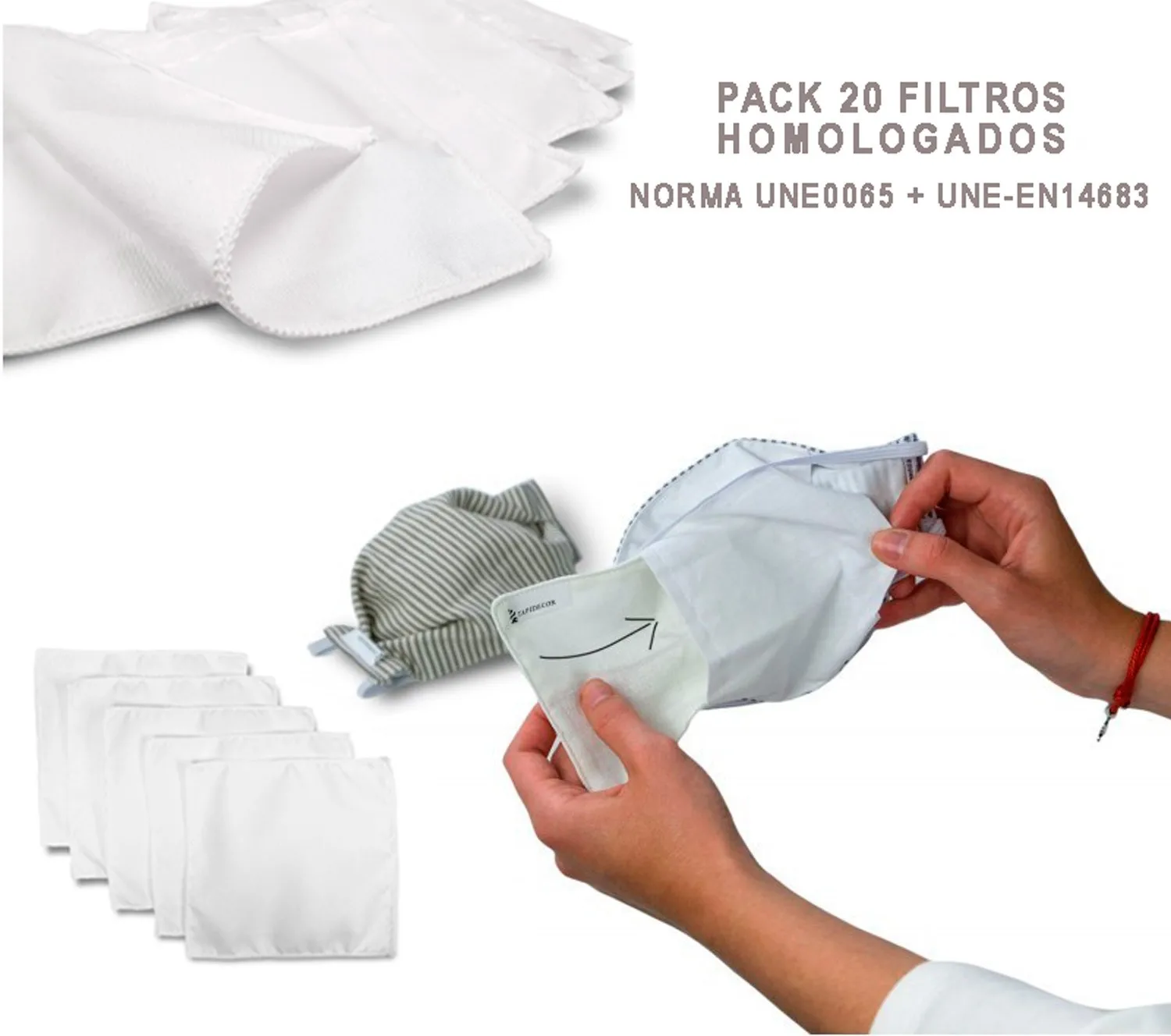 Filters masks PACK 20 PCs. (25 washed C/U,125 uses), approved UNE 0065 + UNE EN 14683 standard afbeelding