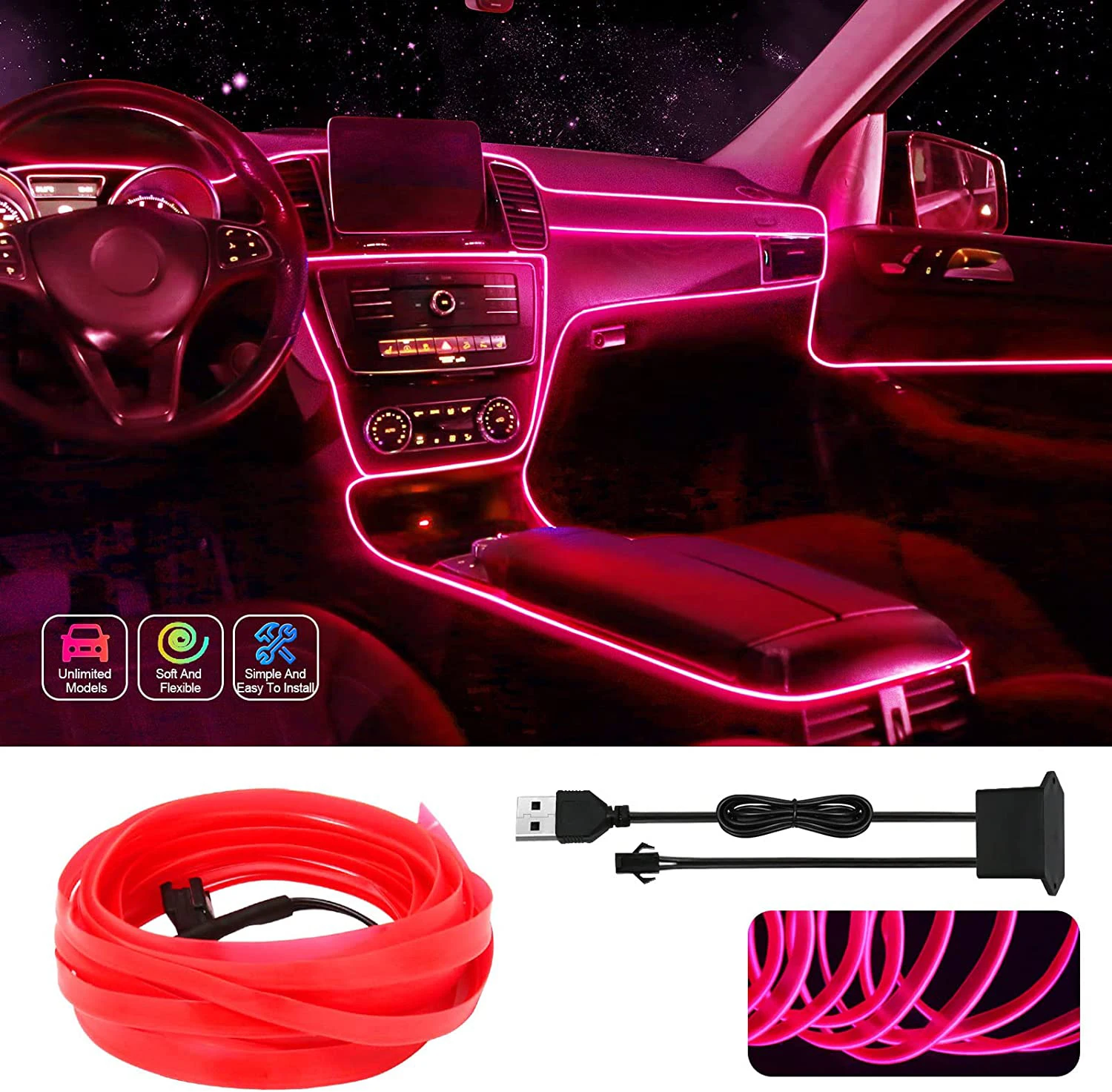 

1M/2M/3M/5M USB Neon Lighting Dance Party Car Interior Decoration Glowing LED Strip Ambient Lamp Flexible EL Wire Rope Tube