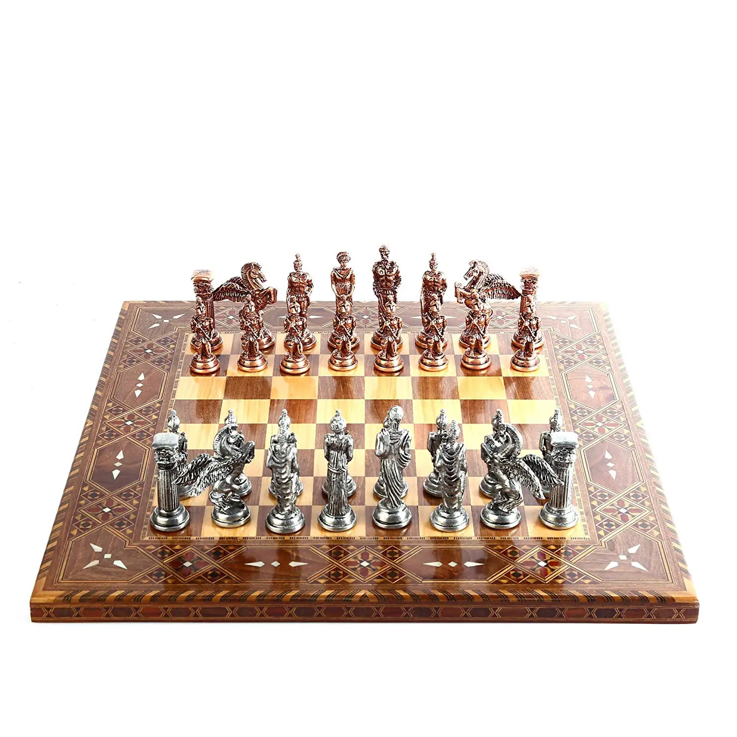 Мифологический Pegasus античный медный металлический Шахматный набор, изделия ручной работы, натуральная твердая деревянная шахматная доска, жемчуг, король 9,5 см