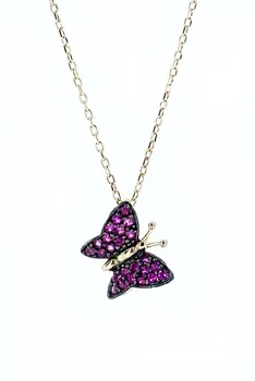 

Tiny Fuchsia Quartz Gemstone Butterfly 925 Silver Necklace