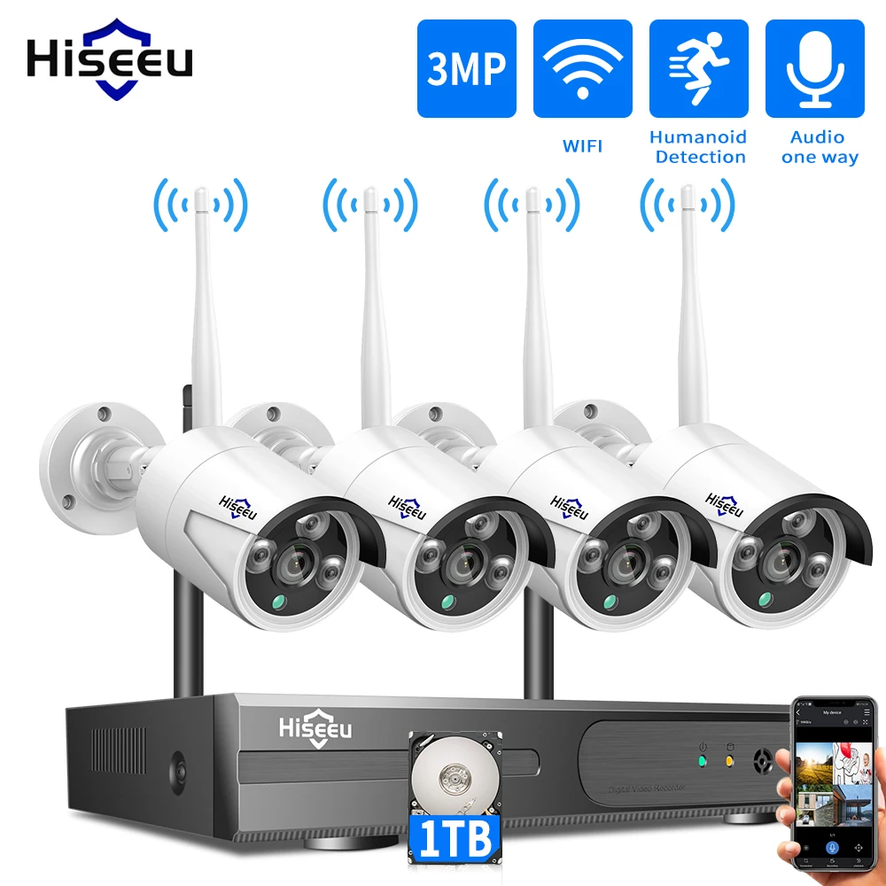 Hiseeu 8CH Wireless CCTV System 1536P 1080P NVR wifi Outdoor 3MP AI IP Camera Security System Video Surveillance LCD monitor Kit security surveillance system