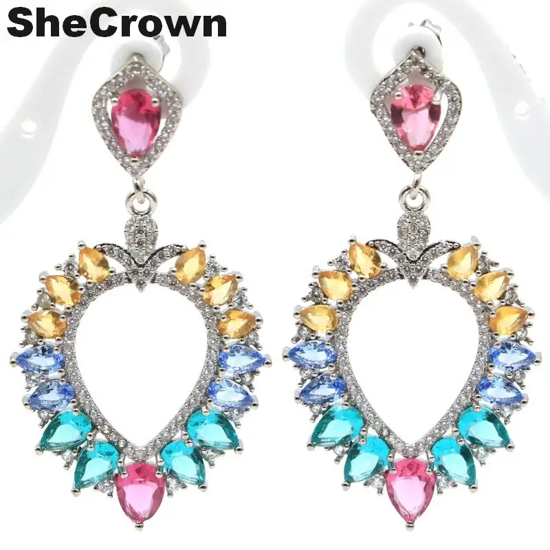 

50x27mm Multi Color Long Aquamarine Citrine Tourmaline White CZ Silver Earrings