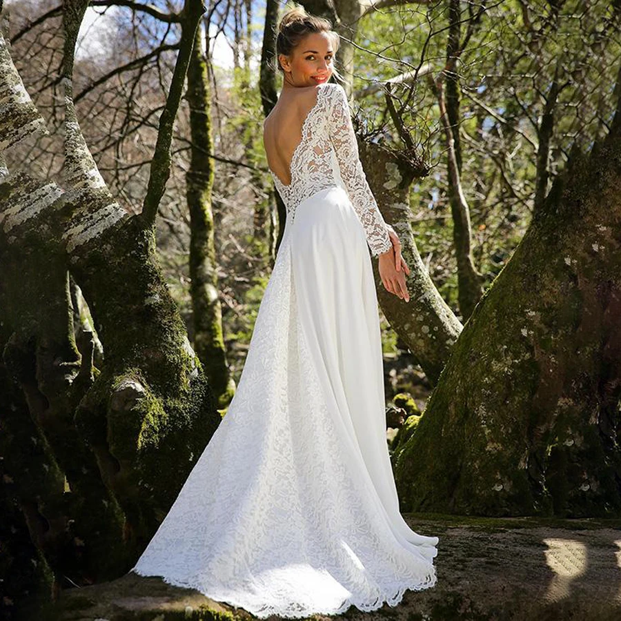 

Boat Neckline Long Sleeves Wedding Dresses with Lace Sleeve Backless Chiffon/Lace Bridal Gowns Sweep Train vestidos de novia