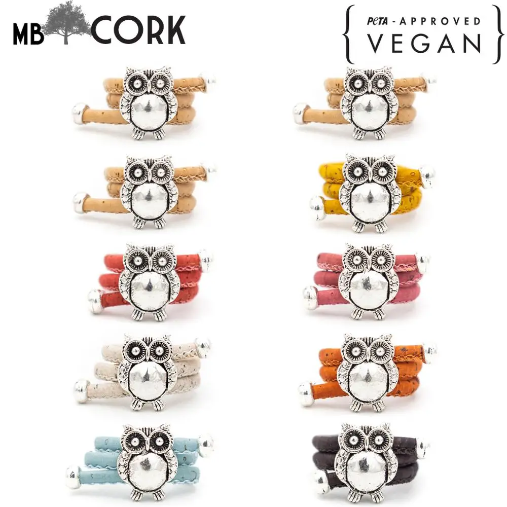 

10units Colorful cork with owl pendant Antique Silver vintage women Ring original adjustable wooden jewelry RW-015-10