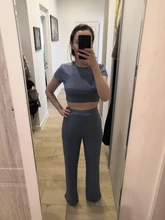 Conjunto de 2 piezas de Top y pantalones largos acanalados para mujer, chándal Sexy de manga corta con cuello redondo, Conjunto femenino 2021