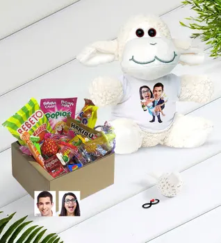 

Personalized Marriage Caricature Of Nostalgic Lezzetler Plush Little Lamb Gift set-4