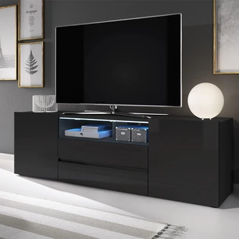 

TV Stand BROS TV Cabinet TV Unit with LED Black with Gloss Fronts