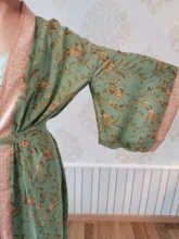 Kimono Cardigan Long-Shirts Women Tops Beach-Wear Cotton Tunic Bohemian-Printed Green