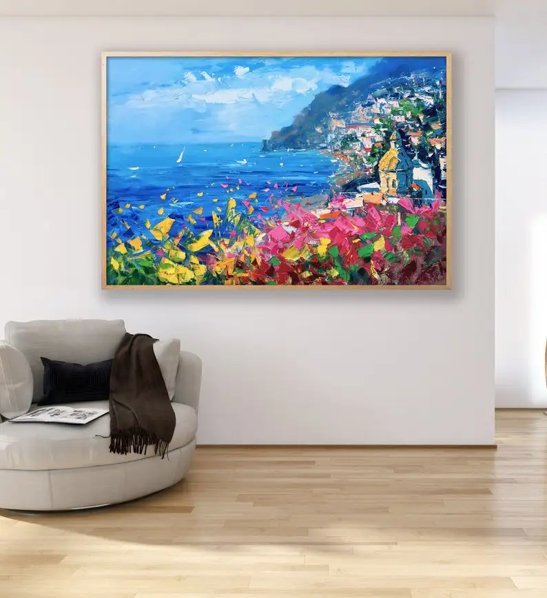 

Colorful Flower Coastal Impressionist abstrac Red blue oil Painting Hand Painted Wall Art Picture Living Room Home Decoration