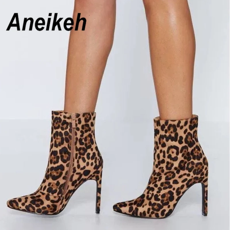 

Aneikeh 2020 Spring Sexy Leopard Print Chelsea Boots Women Pointed Toe Ankle Boot Zipper Thin Heels Heels Shoes Party Size 41 42