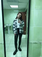 Loose Top Blouses Shirts Grey Plaid Pocket Chic Female Casual Fashion Women Ladies Streetwear