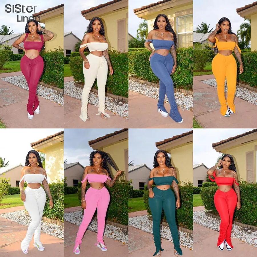 Sisterlinda 2020 Slash Neck Top Camisoles Stacked Pant Women 2Piece Set Workout Summer Female Tracksuit Activewear Casual Outfit Sisterlinda 2020 Slash Neck Top Camisoles Stacked Pant Women 2Piece Set Workout Summer Female Tracksuit Activewear Casual Outfit