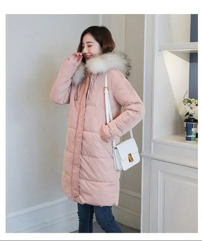 2019 nouveau hiver Slim Down coton mi-long lâche à capuche femmes parka grand col de fourrure fermeture éclair épais chaud mode | Женская