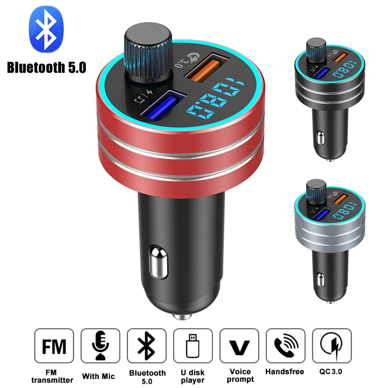

New Bluetooth 5.0 Car FM Transmitter With Music Rhythm Light QC 3.0 Dual USB Fast Charger Handsfree Auto Audio Music Player 2019