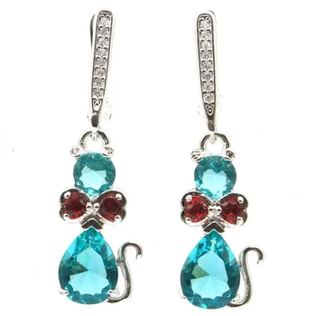 

35x10mm Pretty Cat Shape Created Blue Aquamarine Ruby CZ Gift For Woman's Silver Earrings