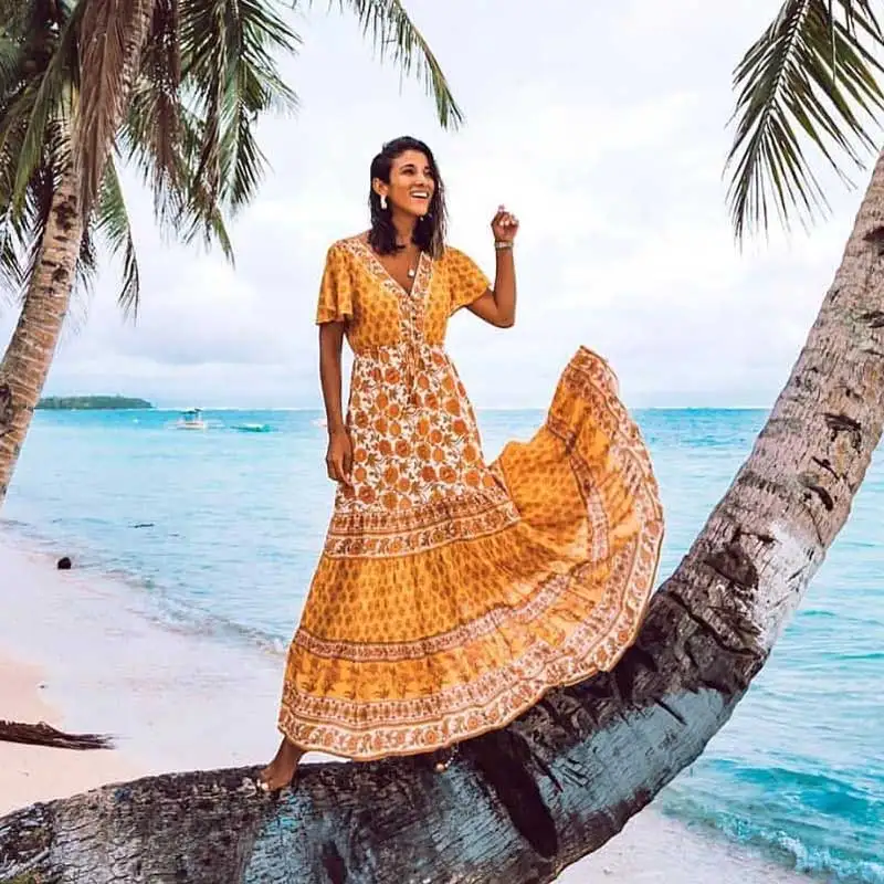 

Bohemian MAXI DRESS button down v-neck short sleeve summer dresses yellow floral print drawstring waist dress for women