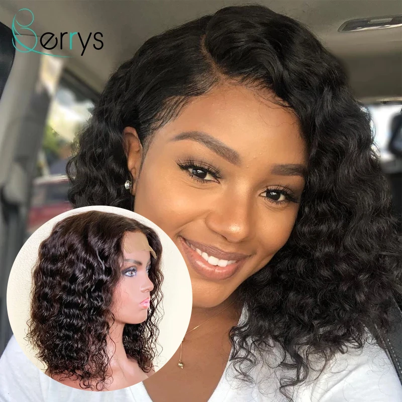 Curly Wigs Berryshair Short Bob Virgin-Hair Lace-Front Deep-Wave Human Invisible Preplucked