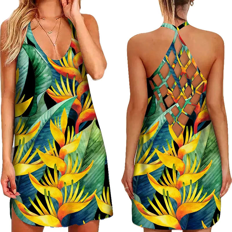 

Summer Sexy Straps Dress Women 2022 New Tropical Print O Neck Sleeveless Party Dress Summer Casual Backless Female Beach Dress