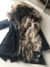 BLUENESSFAIR-abrigo de piel auténtica de zorro para mujer, chaqueta de invierno, Parka larga, Cuello de piel de mapache Natural, ropa de calle cálida