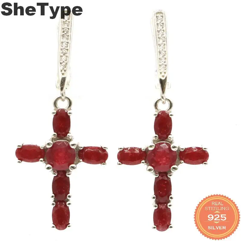 

33x15mm SheType Romantic Cross 6.7g Real Red Ruby Natural CZ Gift For Woman's 925 Sterling Silver Earrings