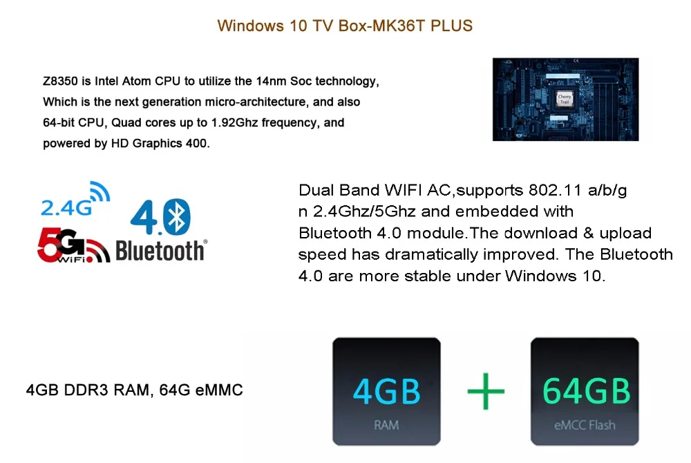 ТВ приставка RKM MK36T PLUS Win10 Z8350 4 Гб ОЗУ, 64 Гб ПЗУ eMMC двухдиапазонный wifi 802.11bluetooth 4,0 USB3.0 [MK36T PLUS]