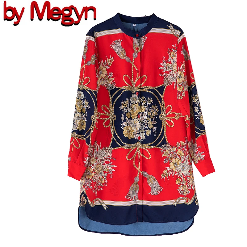 Orange Red Print От Megyn, блузка с цветочным принтом, осенняя Женская Повседневная рубашка с длинным рукавом и воротником-бантиком, высококачественные Шифоновые Топы для женщин, 3XL, X-Long - Цвет: Orange Red Print