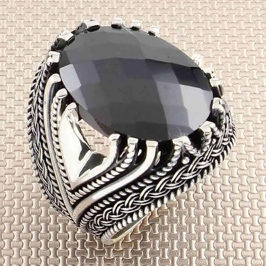 

Knot Model Facet Cut Black Zircon Sterling Silver Men's Ring Fashion Turkish Premium Quality Handmade Jawelery