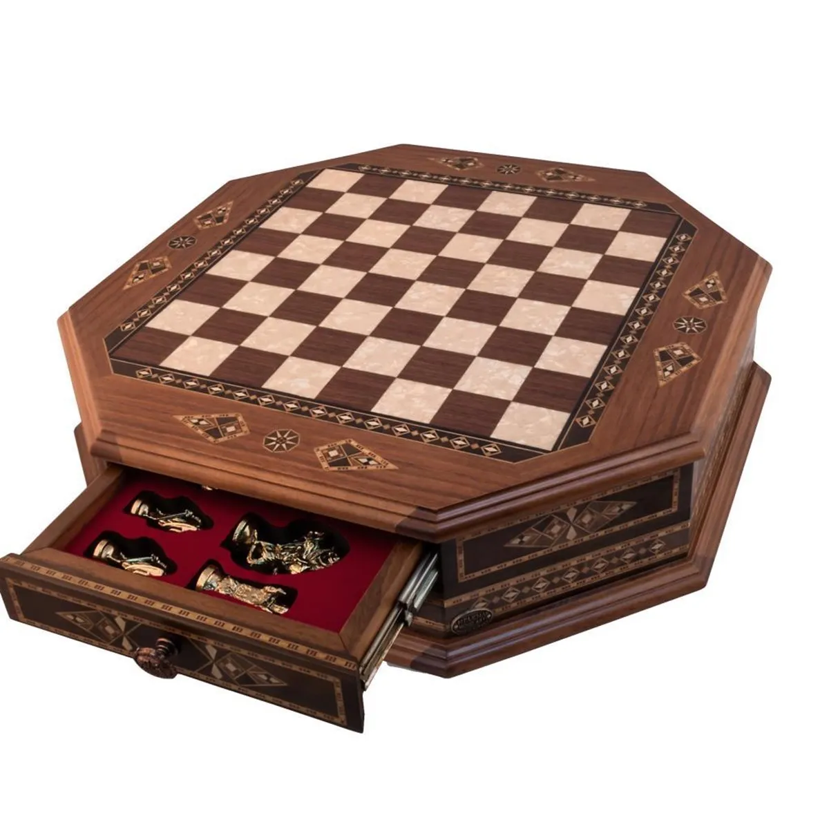 21.26'' Octagon Chess Game Set Crusaders Large Solid Wood Walnut Checker Board - With Metal Figures High Quality Chessboard Gift