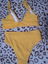 Swimsuit Women Biquini Ribbed Peachtan Sexy High-Waist V-Neck Stripe Sport Mujer Solid