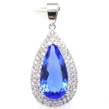

37x17mm Pretty Drop Shape Created Rich Blue Violet Tanzanite CZ Gift For Ladies Sliver Pendant