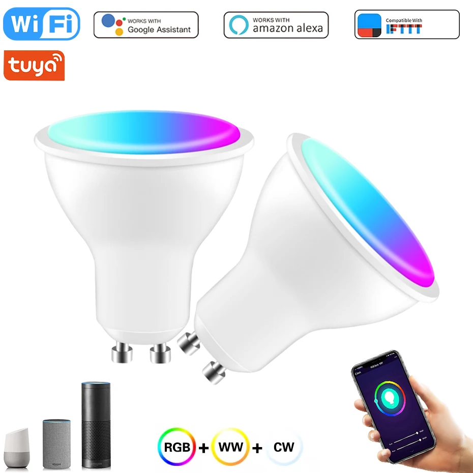 GU10 Spotlight 8W LED Bulb Tuya WiFi Smart or Remote Control RGB Dimmable Light Lamp RGBCW For Alexa Google Home Deroration | Освещение
