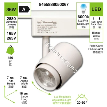 

Foco de carril LED, pueden ajustar el ángulo de luz,color blanco 36W 6000K luz fría