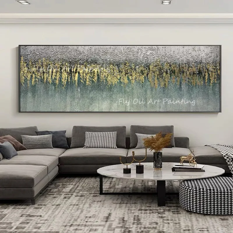 

100% Hand Painted gold foil large size luxury picture green canvas Oil Painting Wall Art Canvas Pictures for Living Room Gift